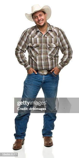 happy cowboy with hands in pockets - skogshuggarskjorta bildbanksfoton och bilder