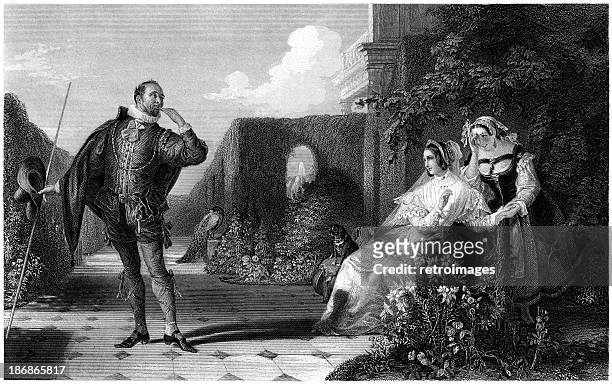 william shakespeare: malvolio (twelfth night) (engraved illustration) - william shakespeare stock illustrations