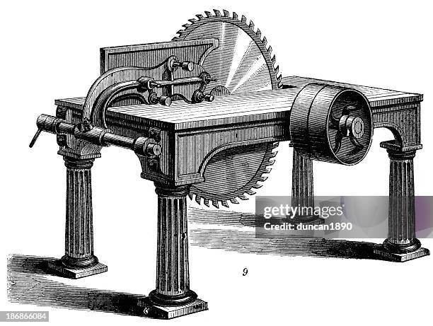 ilustrações de stock, clip art, desenhos animados e ícones de serra circular-revolução industrial máquinas - serra-circular