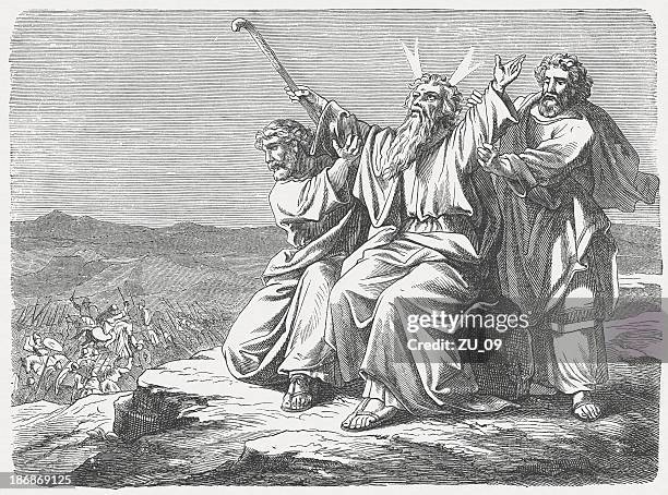 victory over the amalekites (exodus 17), wood engraving, published 1877 - moses stock illustrations