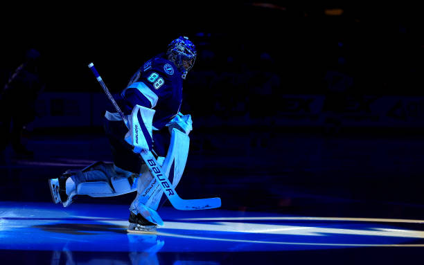 Andrei Vasilevskiy of the Tampa Bay Lightning takes the ice in the third period during a game against the St. Louis Blues at Amalie Arena on December...