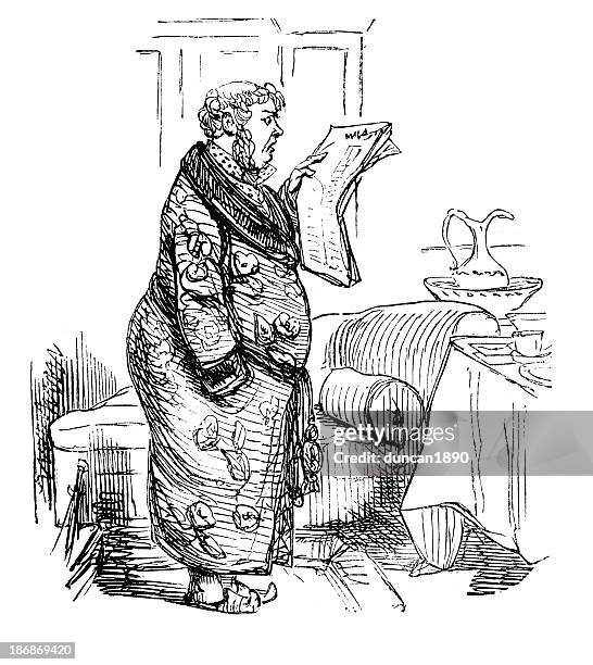 reading the morning newspaper - bathrobe stock illustrations