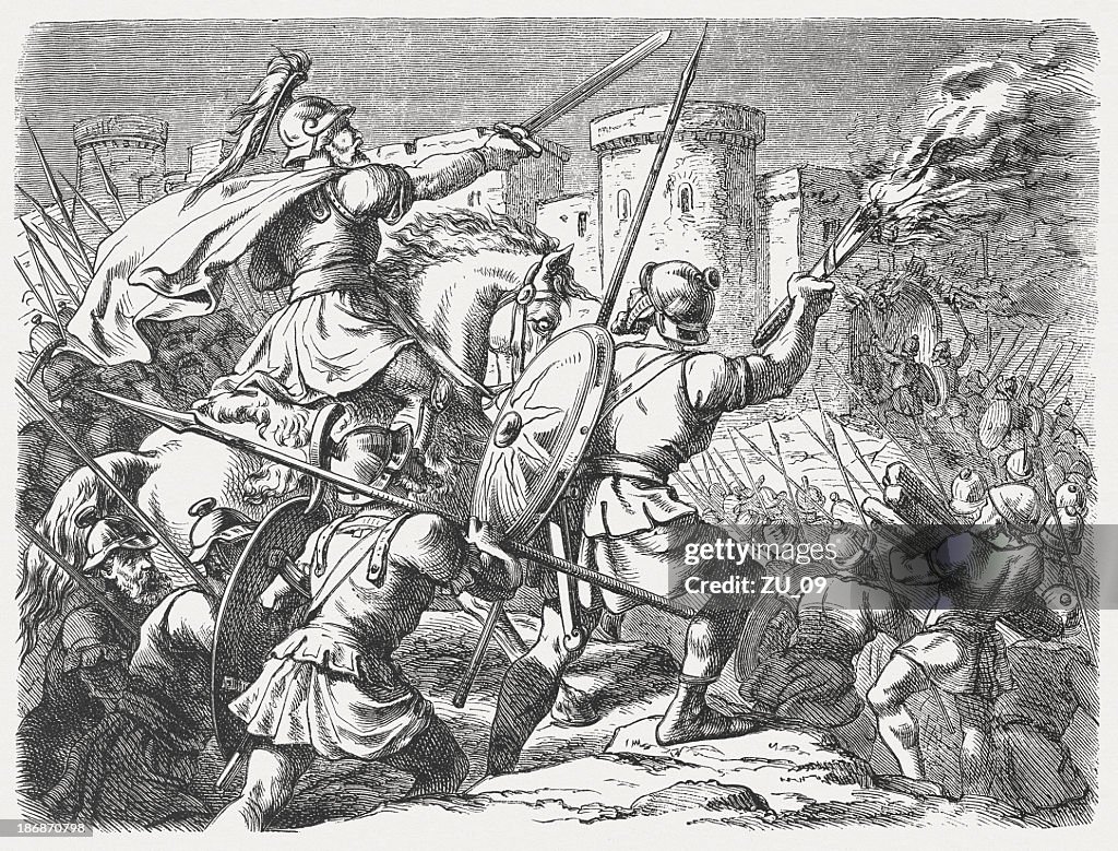 Israel Conquers Ai (Joshua 8), wood engraving, published in 1877
