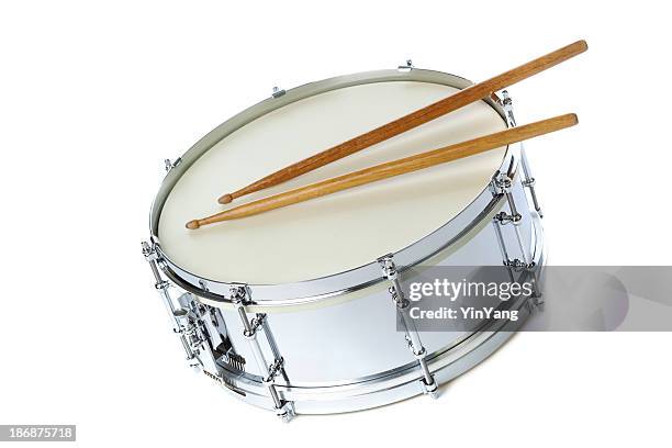 silver chrome snare drum with sticks, instrument on white background - drumstick stock pictures, royalty-free photos & images