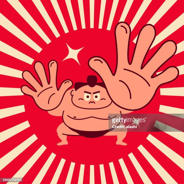 sumo wrestler crouching giving palm attack - only japanese stock illustrations