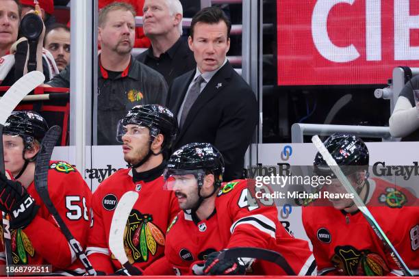 Head coach Luke Richardson of the Chicago Blackhawks looks on against the Colorado Avalanche during the second period at the United Center on...