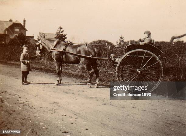 altes foto von zwei jungen und kutsche - horse carriage stock-fotos und bilder