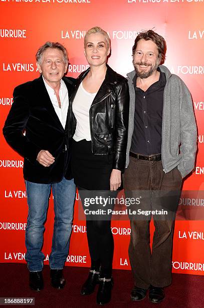 Director Roman Polanski, actors Emmanuelle Seigner and Mathieu Amalric attend 'La Venus A La Fourrure - Venus In Fur' Premiere at Cinema Gaumont...