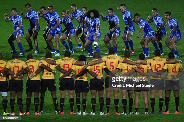 Iosia Soliola of Samoa leads the Haka during the Rugby League World Cup Group B match between Papua New Guinea and Samoa at Craven Park Stadium on...