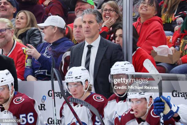 Head coach Jared Bednar of the Colorado Avalanche looks on against the Chicago Blackhawks during the third period at the United Center on December...