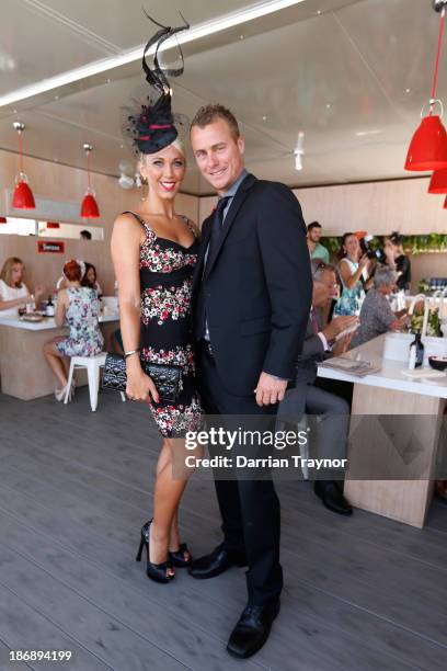 Tennis player Lleyton Hewitt and wife Bec Hewitt attend Melbourne Cup Day at Flemington Racecourse on November 5, 2013 in Melbourne, Australia.