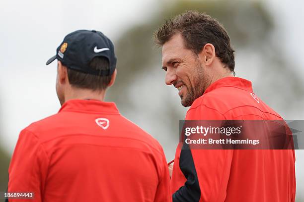 Tony Popovic and Ante Milicic of the Wanderers speak during a Western Sydney Wanderers A-League training session at Blacktown International...