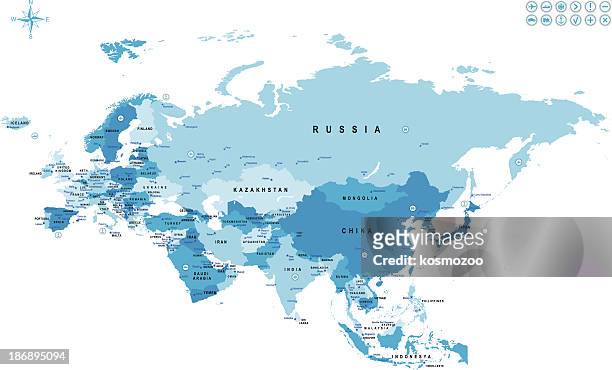 stockillustraties, clipart, cartoons en iconen met map of eurasia with countries and major cities marked - vector afbeeldingen