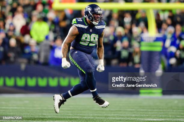 Seattle Seahawks defensive end Leonard Williams celebrates during the third quarter of the game against the Philadelphia Eagles at Lumen Field on...