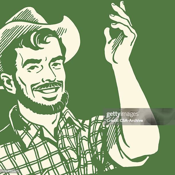 ilustrações, clipart, desenhos animados e ícones de balançando um bastão agricultor com uma barba - cowboy hat