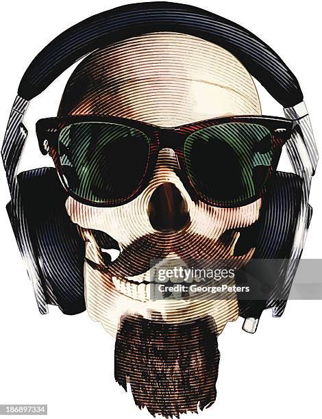 hipster skull wearing sunglasses and headphones - scratchboard stock illustrations