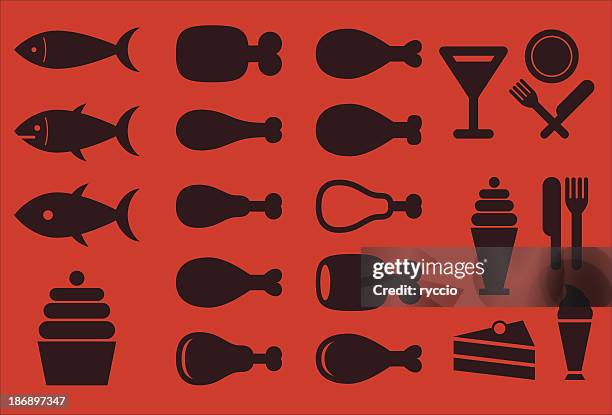 food outlines icon set - roasted salmon stock illustrations