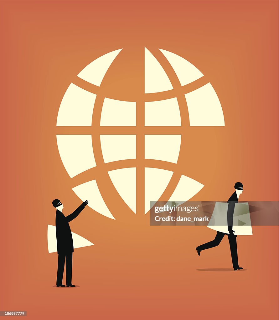 Two cartoon men taking pieces of a cartoon world