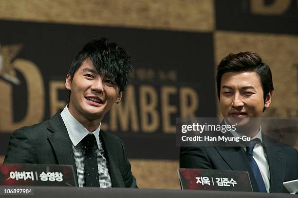 Kim Jun-Su of South Korean boy band JYJ and actor Park Gun-Hyung attend the press conference for musical "December" at Sejong Center For The...