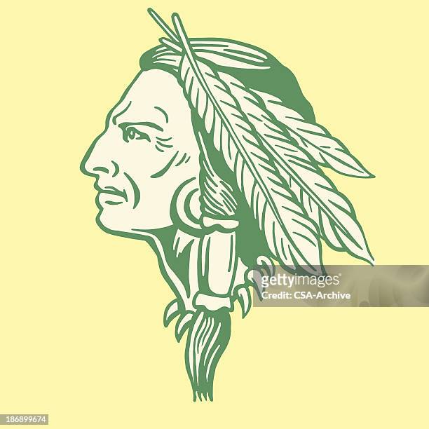 stockillustraties, clipart, cartoons en iconen met decorated native american man profile - hoofdtooi