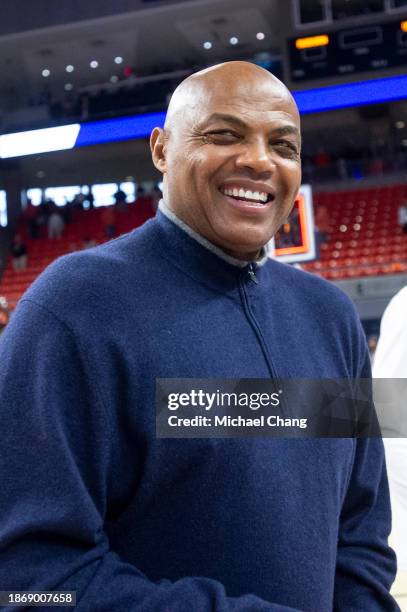 Former member of the Auburn Tigers Charles Barkley after their game against the USC Trojans at Neville Arena on December 17, 2023 in Auburn, Alabama.