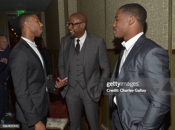 Actor Michael B. Jordan, actor-producer Forest Whitaker and director Ryan Coogler attend the Vanity Fair event honoring Michael B. Jordan of...