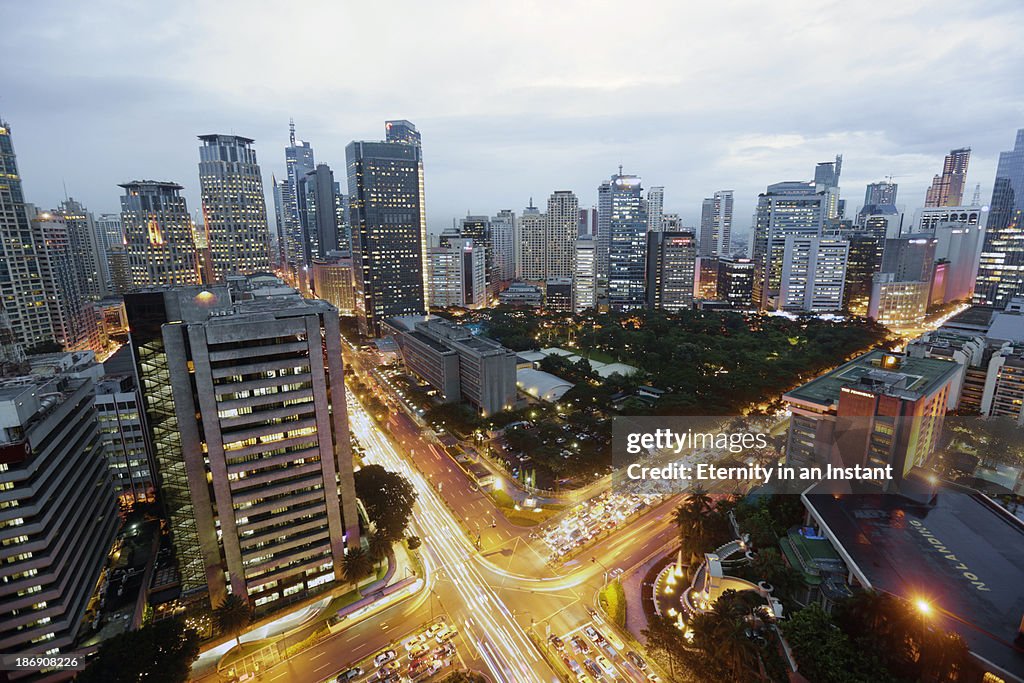 Downtown Manila Makati skyline and traffic