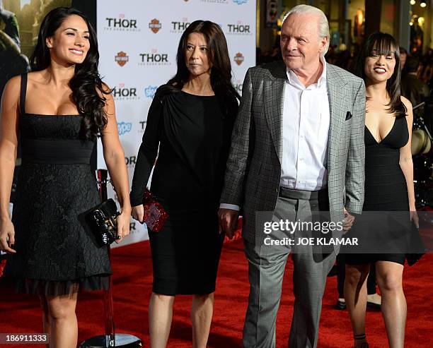 Actor Sir Anthony Hopkins with family arrive at the premiere of Marvel's 'Thor: The Dark World' at the El Capitan Theatre on November 04, 2013 in...