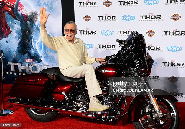 Producer Stan Lee arrives at the premiere of Marvel's 'Thor: The Dark World' at the El Capitan Theatre on November 04, 2013 in Hollywood,...