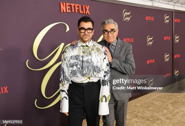 Dan Levy and Eugene Levy attend the premiere of "Good Grief" at The Egyptian Theatre Hollywood on December 19, 2023 in Los Angeles, California.