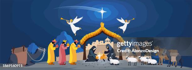illustrazioni stock, clip art, cartoni animati e icone di tendenza di l'arrivo divino. la natività di cristo. madre e figlio avvolti nella riverenza dai re magi. - natività
