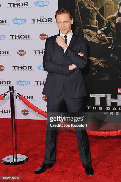 Actor Tom Hiddleston arrives at the Los Angeles Premiere "Thor: The Dark World" at the El Capitan Theatre on November 4, 2013 in Hollywood,...