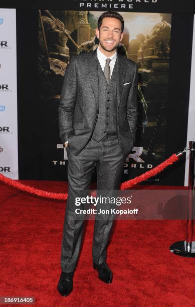 Actor Zachary Levi arrives at the Los Angeles Premiere "Thor: The Dark World" at the El Capitan Theatre on November 4, 2013 in Hollywood, California.