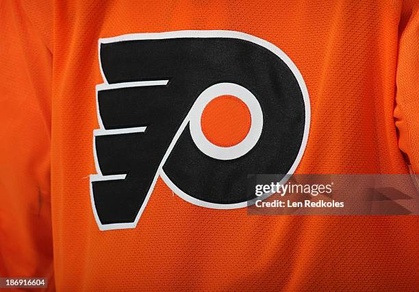 The logo of the Philadelphia Flyers is shown during a game against the Anaheim Ducks on October 29, 2013 at the Wells Fargo Center in Philadelphia,...
