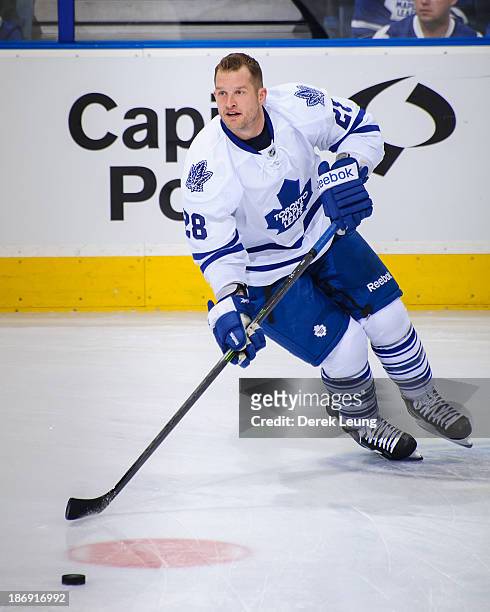Colton Orr of the Toronto Maple Leafs skates against the Edmonton Oilers during an NHL game on October 2013 at Rexall Place in Edmonton, AB, Canada.