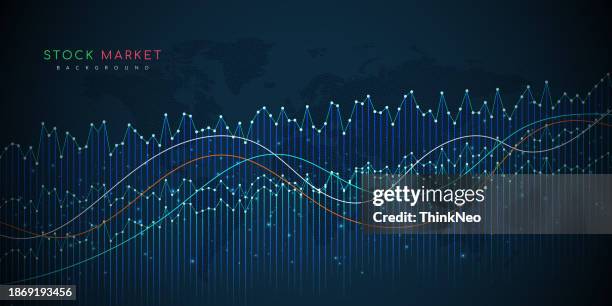 ilustraciones, imágenes clip art, dibujos animados e iconos de stock de gráfico del mercado de valores y media móvil sobre fondo azul oscuro. - pantalla de comercio