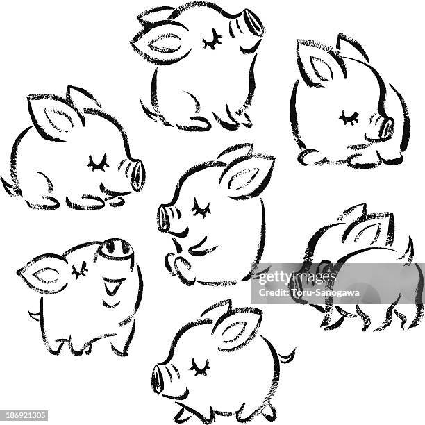 seven pigs sketch - pig drawing stock illustrations