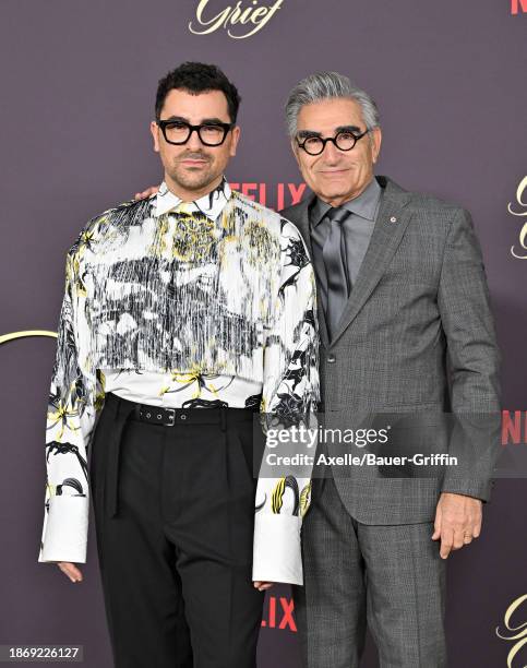 Dan Levy and Eugene Levy attend the Los Angeles Premiere of Netflix's "Good Grief" at The Egyptian Theatre Hollywood on December 19, 2023 in Los...