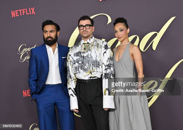 Himesh Patel, Daniel Levy and Ruth Negga attend the Los Angeles Premiere of Netflix's "Good Grief" at The Egyptian Theatre Hollywood on December 19,...