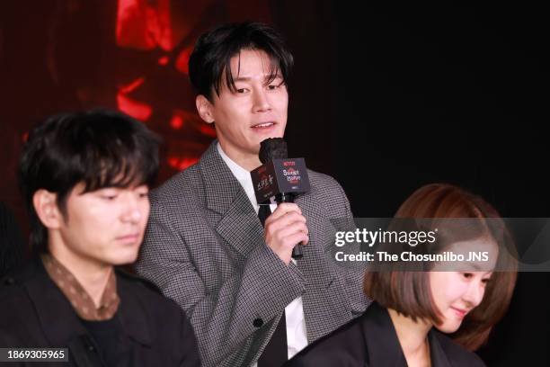 Actor Lee Jin-uk, Kim Mu-yeol and Lee Si-young attend the press conference for Netflix series 'Sweet Home' at SFactory in Seongdong-Gu on November...