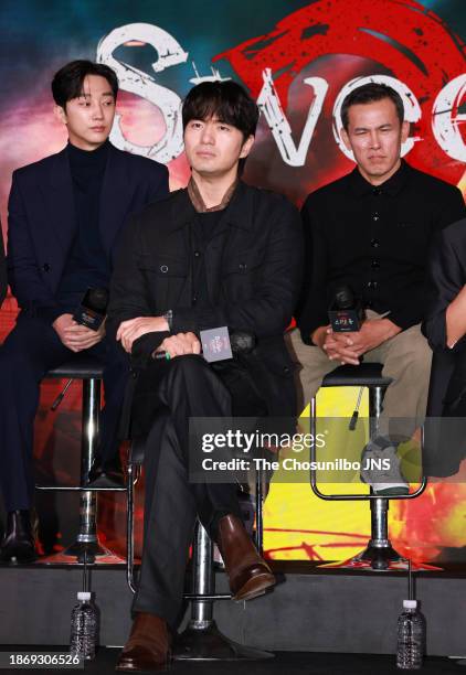 Actor Jung Jin-young, Lee Jin-uk and Yu Oh-seong attend the press conference for Netflix series 'Sweet Home' at SFactory in Seongdong-Gu on November...