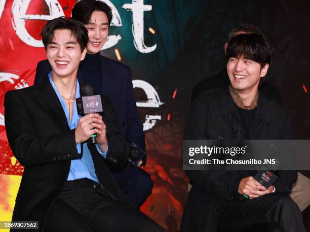 Actor Song Kang, Jung Jin-young and Lee Jin-uk attend the press conference for Netflix series 'Sweet Home' at SFactory in Seongdong-Gu on November...