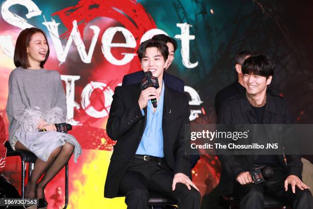 Actor Go Min-si, Song Kang and Lee Jin-uk attend the press conference for Netflix series 'Sweet Home' at SFactory in Seongdong-Gu on November 30,...