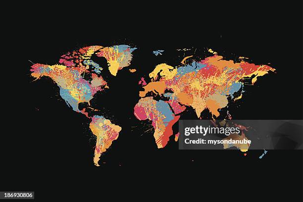 vektor abstrakte tinte sonnengeküsste weltkarte isoliert auf schwarz - north west stock-grafiken, -clipart, -cartoons und -symbole