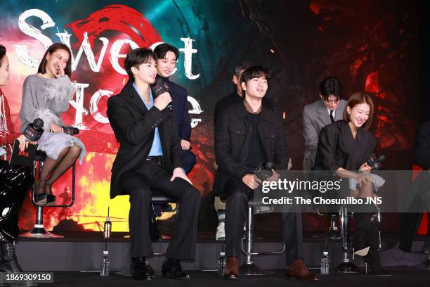 Actor Go Min-si, Song Kang, Jung Jin-young, Lee Jin-uk, Yu Oh-seong, Lee Si-young and Kim Mu-yeol attend the press conference for Netflix series...