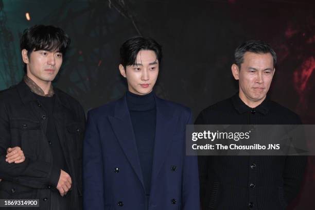 Actor Lee Jin-uk, Jung Jin-young and Yu Oh-seong attend the press conference for Netflix series 'Sweet Home' at SFactory in Seongdong-Gu on November...