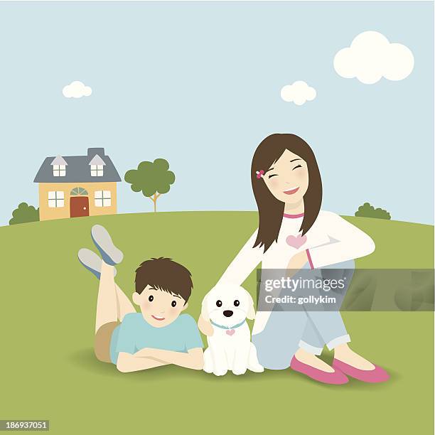 family with dog - shih tzu stock illustrations