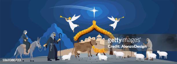joseph leading the virgin mary to give birth to baby jesus. - baby angel wings stock illustrations