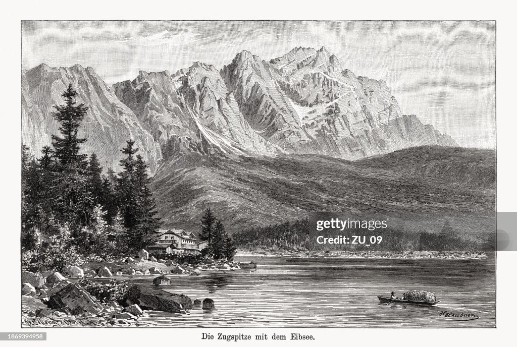 Zugspitze avec l’Eibsee, Bavière, Allemagne, gravure sur bois, publiée en 1894