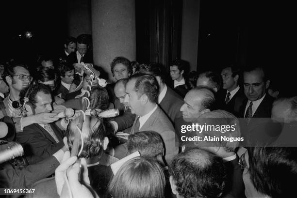 Edouard Balladur, secrétaire général de l’Elysée, informe la presse de la composition du gouvernement Pierre Messmer, le 6 juillet 1972 à Paris.